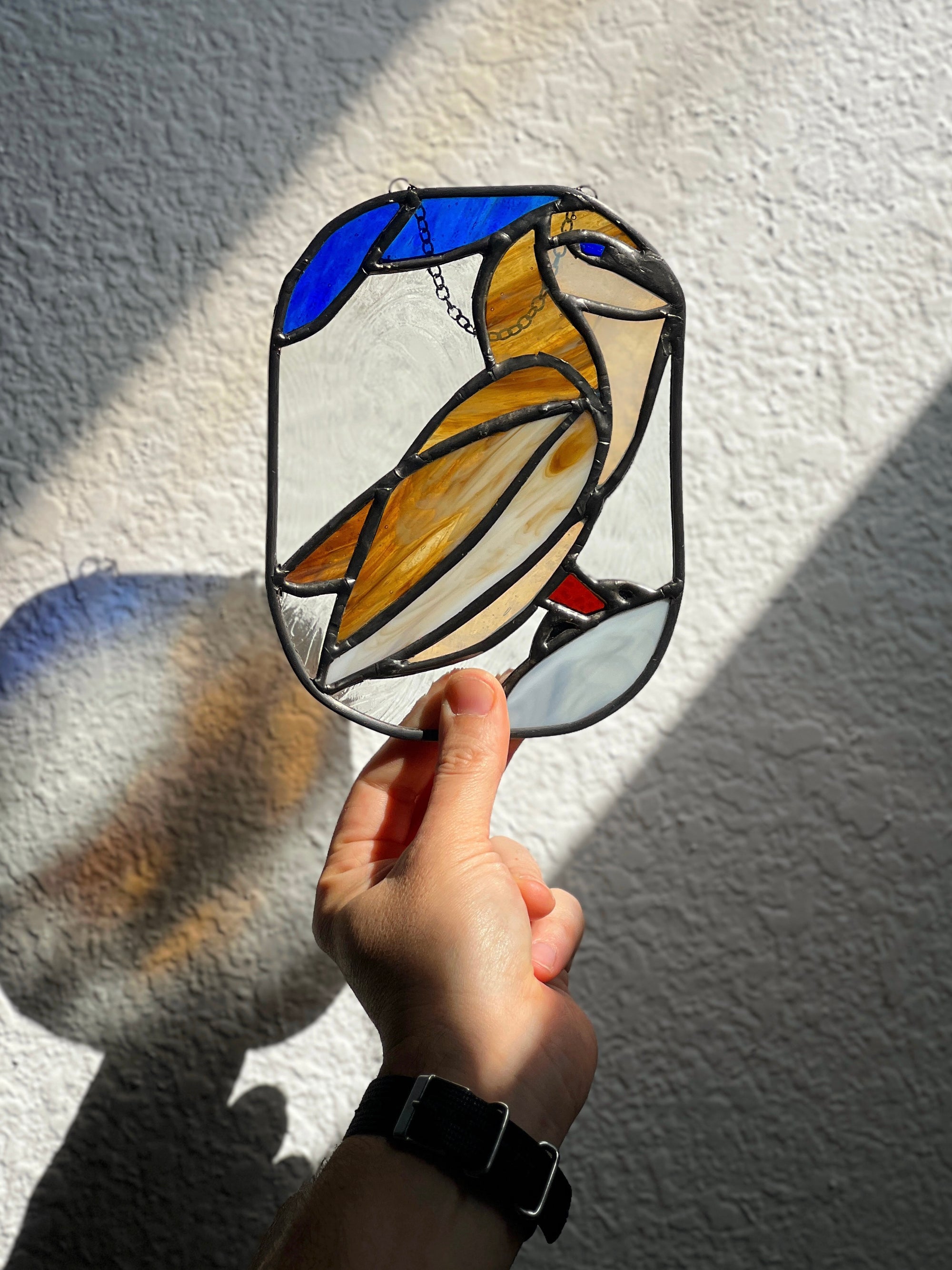Handcrafted stained glass bird suncatcher. Flamingo, hummingbird & owl designs. Unique window decor & bird lover gift. Perfect for sunny windows.