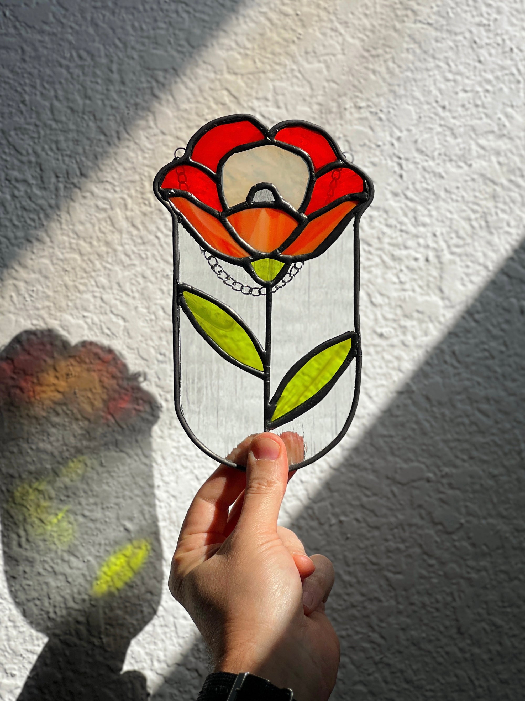 Handcrafted stained glass flower suncatcher. Tulip, blue bud, iris &amp; poppy designs. Floral window decor &amp; nature lover gift for sunny windows.