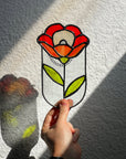 Handcrafted stained glass flower suncatcher. Tulip, blue bud, iris & poppy designs. Floral window decor & nature lover gift for sunny windows.