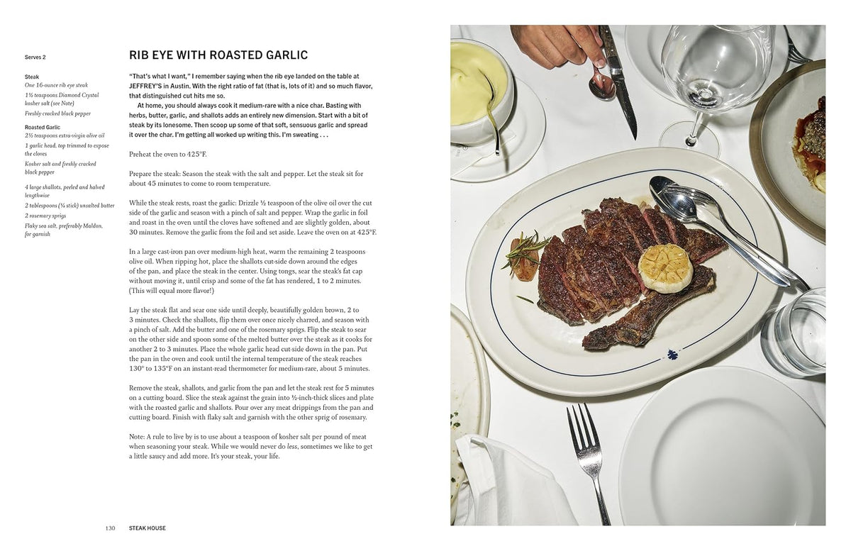 Recipe spread for rib eye with roasted garlic, with sliced steak and a whole garlic bulb on a white plate