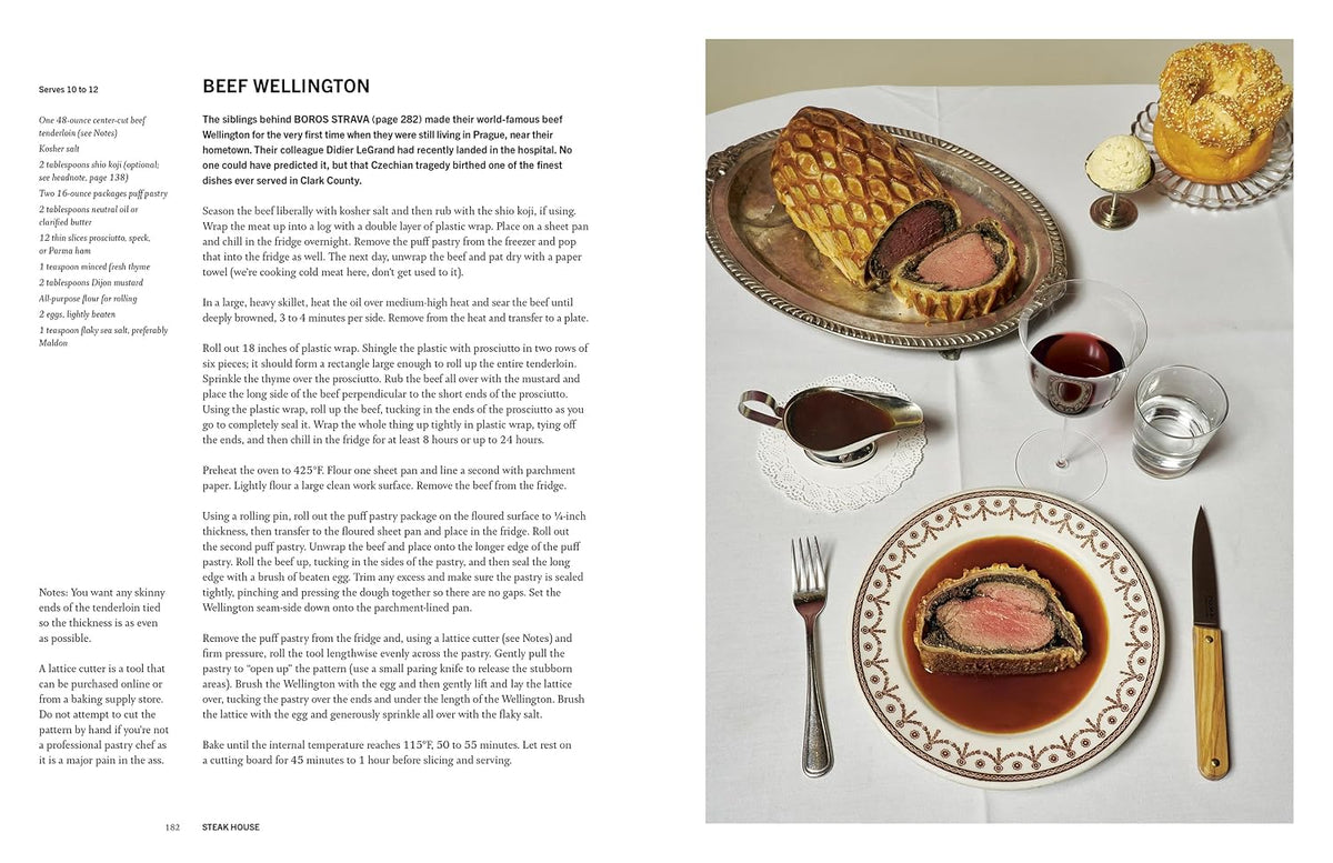 Recipe spread for beef Wellington, with a sliced Wellington on a silver platter and a plated slice with gravy