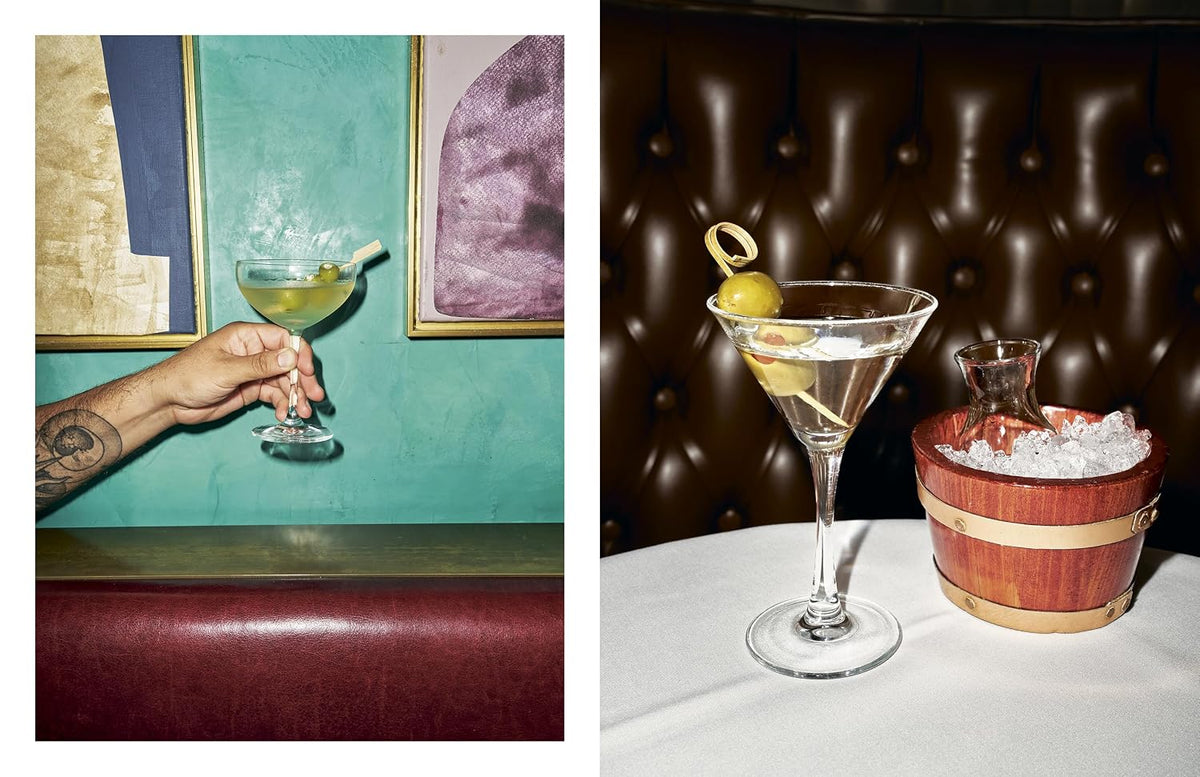 Two photos of martinis with olives, one held up against a teal wall and one on a white tablecloth beside an ice bucket