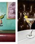 Two photos of martinis with olives, one held up against a teal wall and one on a white tablecloth beside an ice bucket