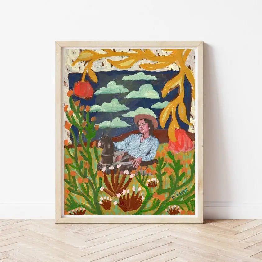 Embark on a western daydream with Elizabeth Taylor in this vibrant collage-style artwork. Crafted by Austin-based artist El Baker, this print captures the essence of Texas landscapes transformed into playful, colorful masterpieces. Elevate your living space with a touch of artistic flair, as Baker's unique approach promises to infuse your home with unexpected and lively colorways.