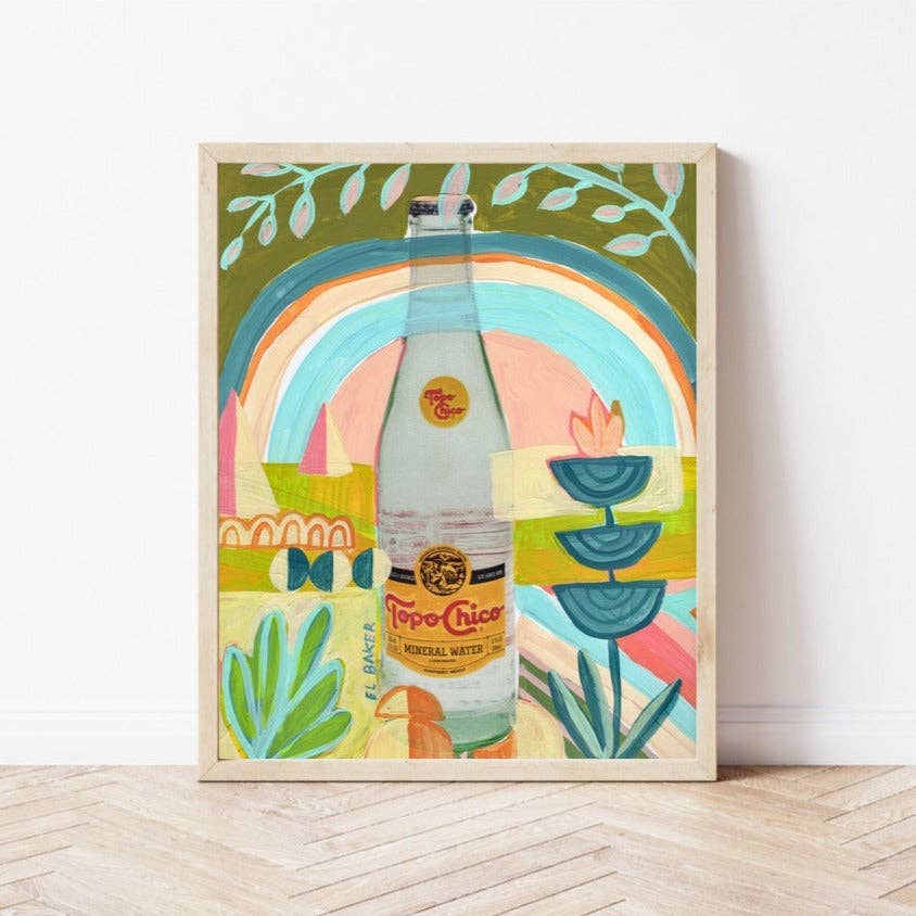 Elevate your space with this quirky, colorful art print by Austin artist, El Baker. The whimsical design features a Texas icon, Topo Chico, surrounded by vibrant natural elements. It's the perfect addition to any room and will make you feel like you're drinking a Topo Chico under a rainbow! This high-quality fine art giclée print captures intricate textures and details. Created on thick, durable matte paper, each museum-quality art print is a testament to superior craftsmanship. 