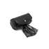 Black leather waste bag holder with a brass stud and a bag pulled out, on white