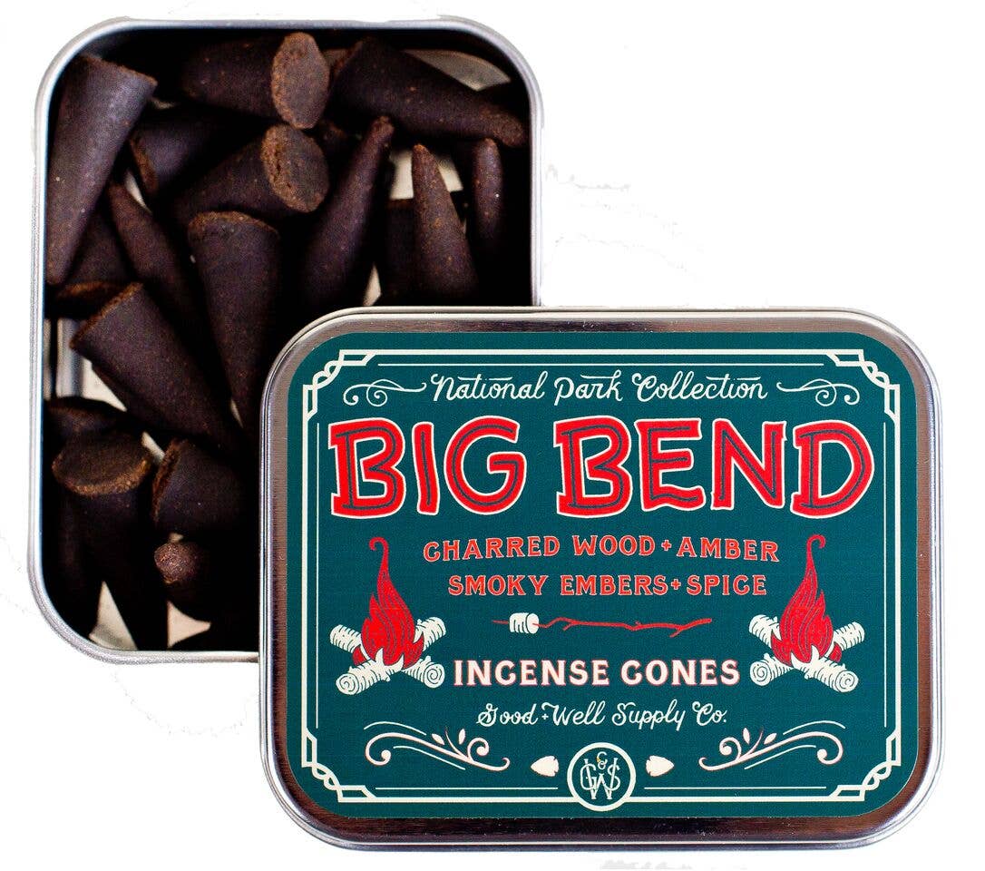 Indulge in the rich aromas of Big Bend National Park with Good &amp; Well Supply Co's hand-dipped incense cones. Encased in a robust aluminum tin, these cones are thoughtfully designed, with the lid serving as a convenient burning surface. With notes of charred wood, amber, smoky embers, and spice, you'll be transported to an evening camping in Big Bend.&nbsp;
