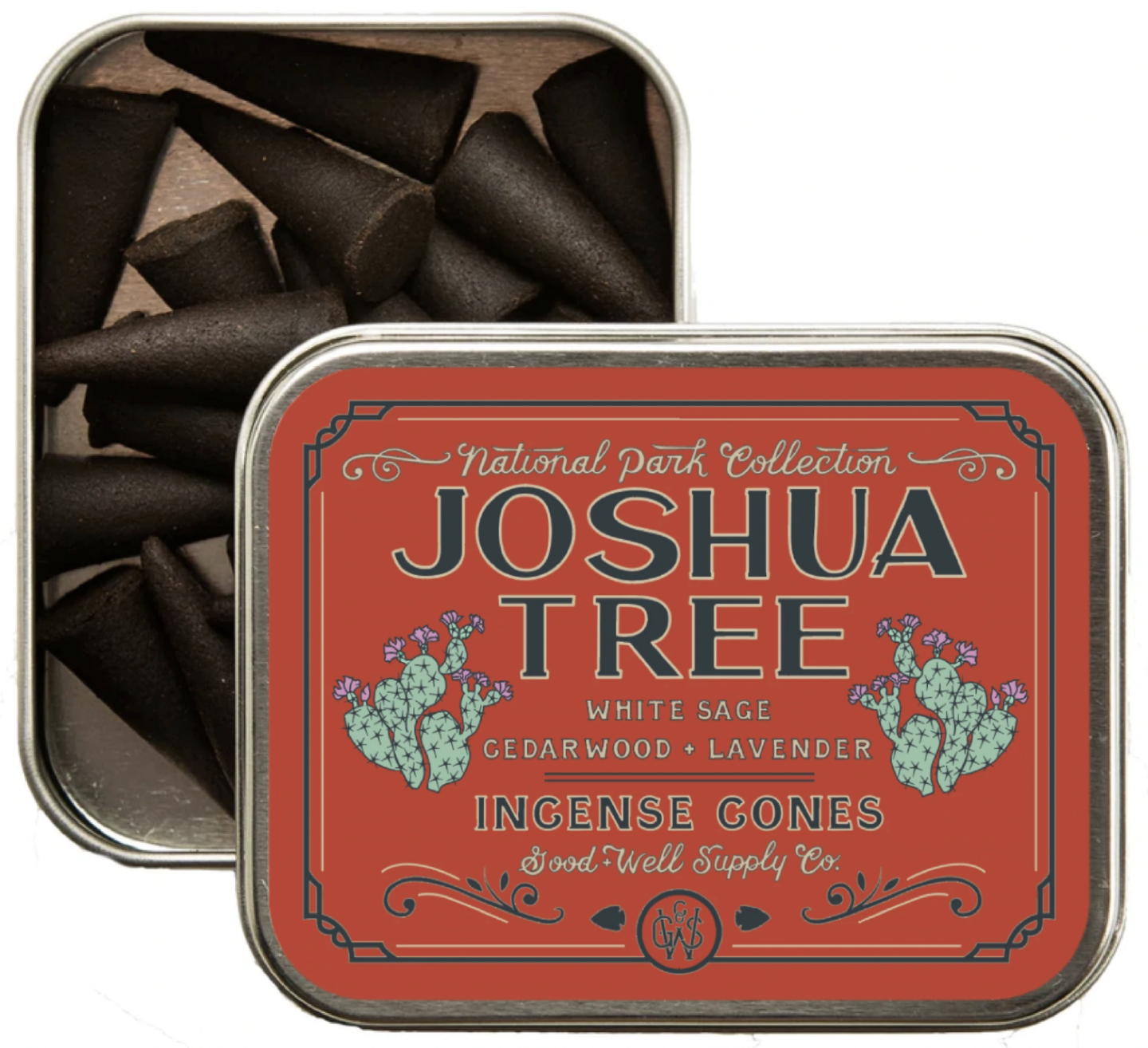 Embark on a fragrant journey to Joshua Tree National Park with Good &amp; Well Supply Co's hand-dipped incense cones. Infused with notes of white sage, cedarwood, and lavender, each cone captures the essence of the park's serene landscapes. Encased in a durable aluminum tin, the lid serves as a convenient burning surface.&nbsp;